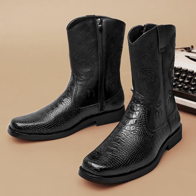 Men's Thick-soled Retro Crocodile Pattern Zipper High Leather Boots