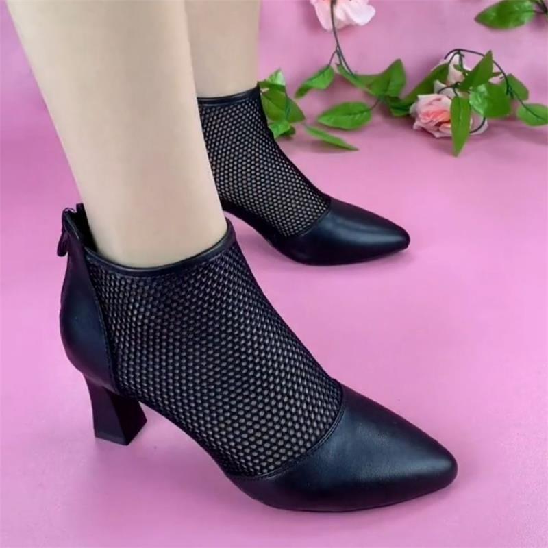 Women's soft leather mesh sandals thick heel pointed toe mesh boots