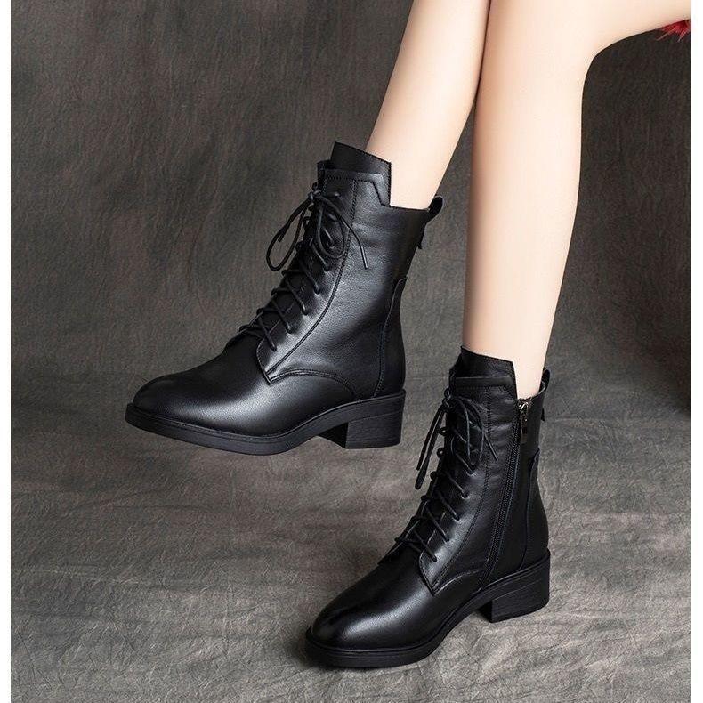 Pointed toe lace-up warm British style women's leather boots