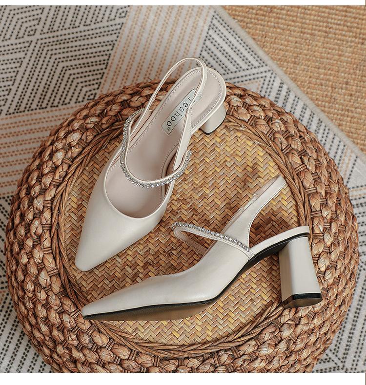 Women's pointed toe thick heel diamond high heels