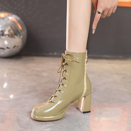 Women's patent leather plus velvet square toe block heel Martin boots