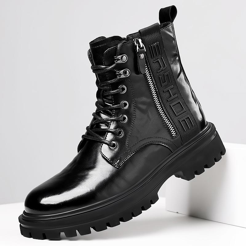 Men's High Top Patent Leather Waterproof Tooling Martin Boots