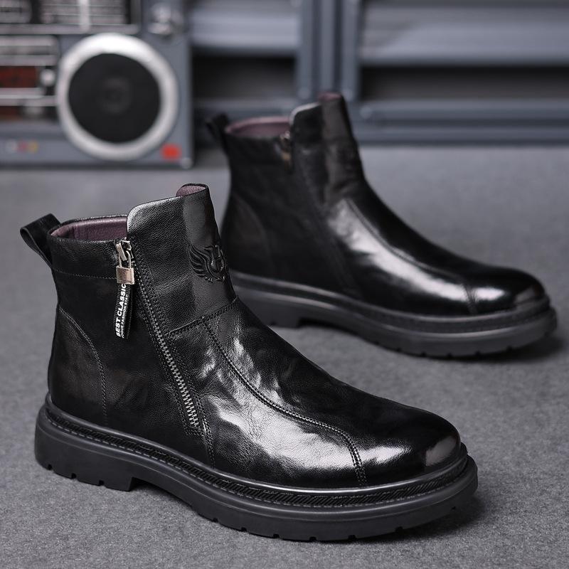 Men's hand-embossed zipper warm leather boots patent leather Martin boots