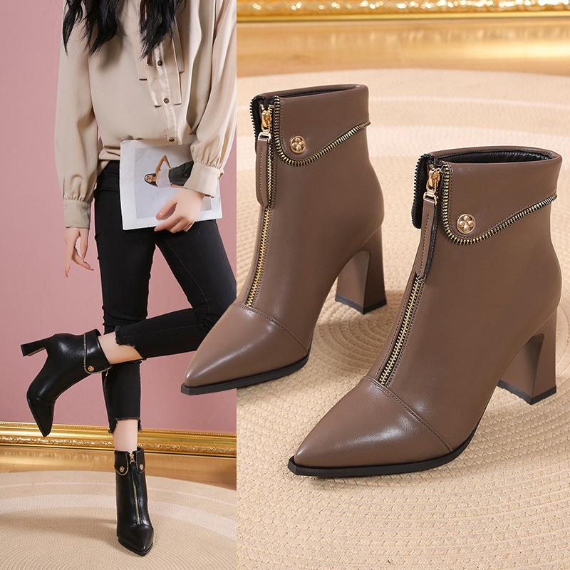 Pointed toe simple thick heel cuffed front zipper Martin boots short boots