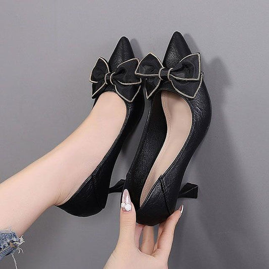 Pointed toe mid-heel soft-soled bow high heels
