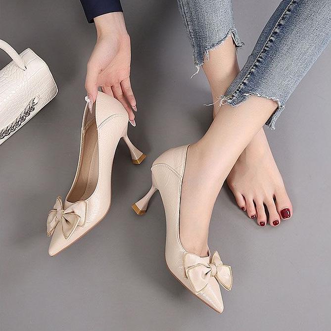 Pointed toe mid-heel soft-soled bow high heels