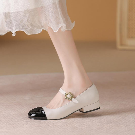 Camellia buckle chunky heel Mary Jane leather shoes