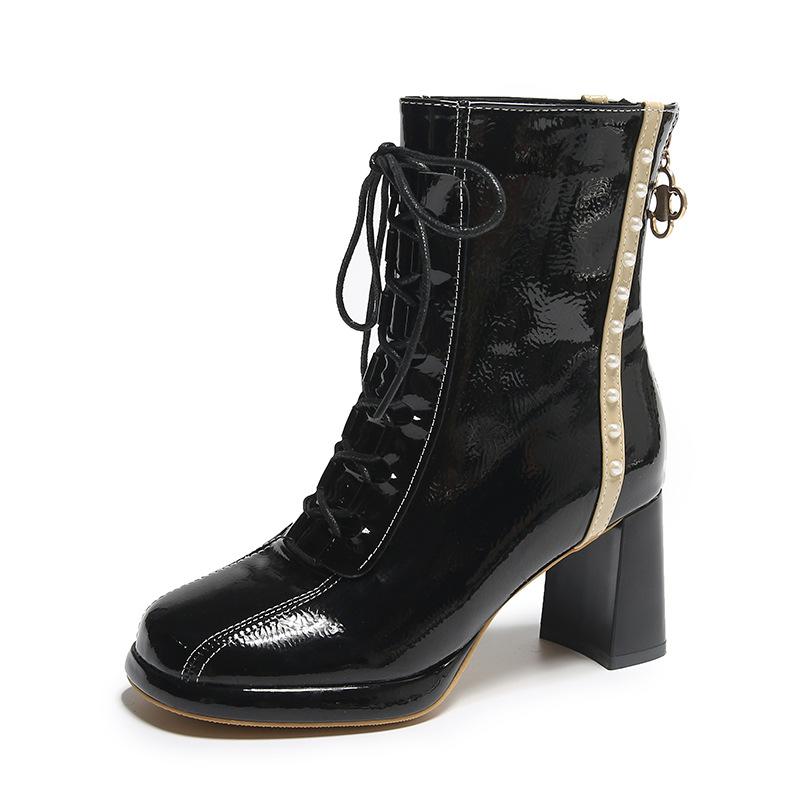 Women's patent leather plus velvet square toe block heel Martin boots