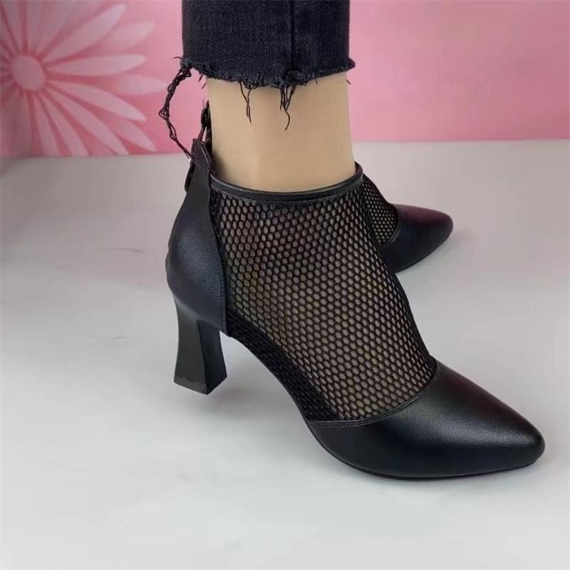 Women's soft leather mesh sandals thick heel pointed toe mesh boots