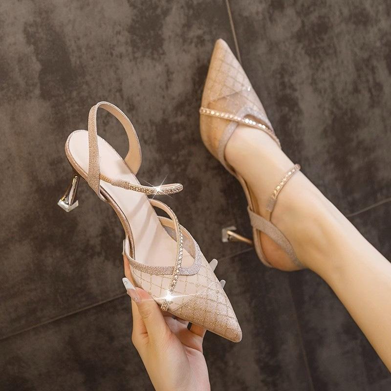 Soft leather mesh niche style celebrity high heels（5cm）