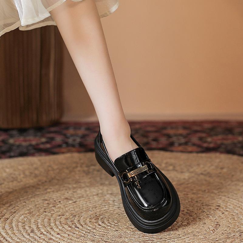 Retro metal buckle thick-soled loafers black thick heel small leather shoes