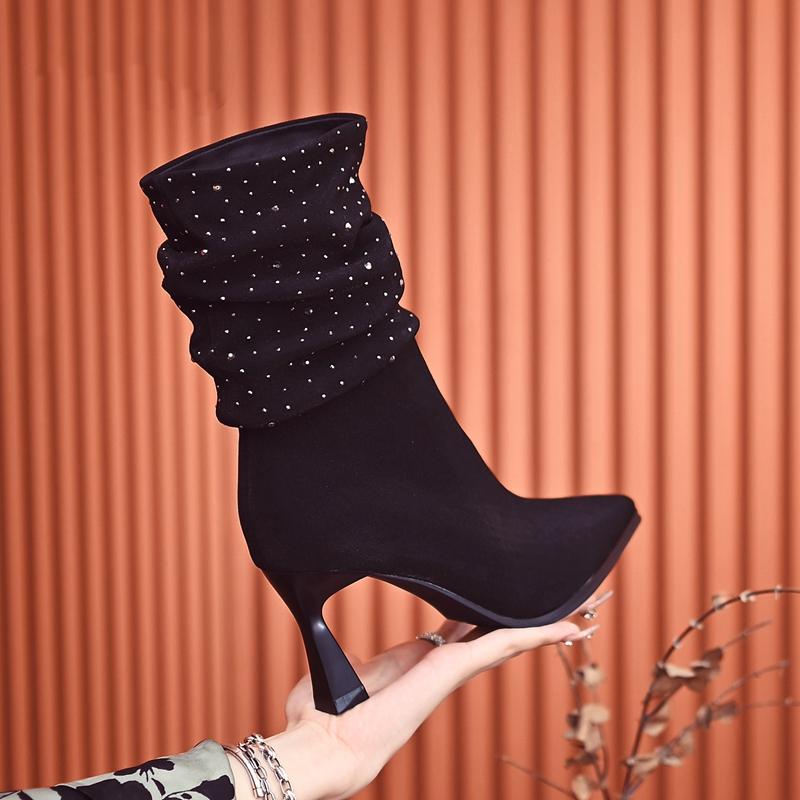 Women's sleeve shiny rhinestone high-heeled leather boots (6-7cm)