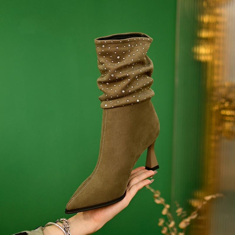 Women's sleeve shiny rhinestone high-heeled leather boots (6-7cm)