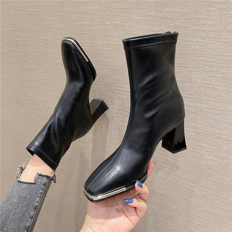 Women's metal square toe back zipper soft leather thick heel short boots