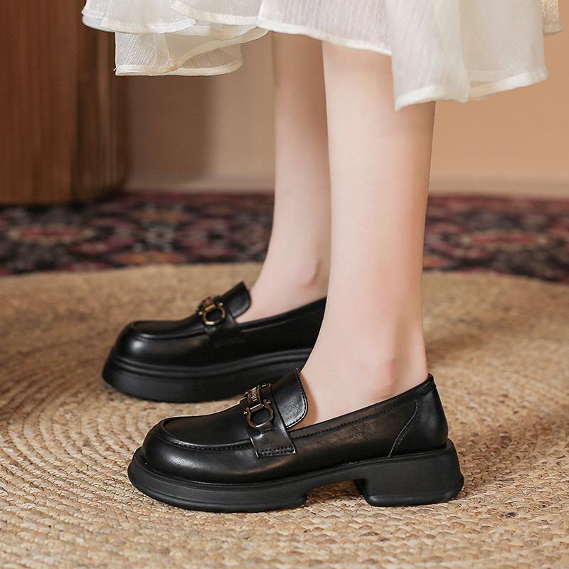 Retro metal buckle thick-soled loafers black thick heel small leather shoes