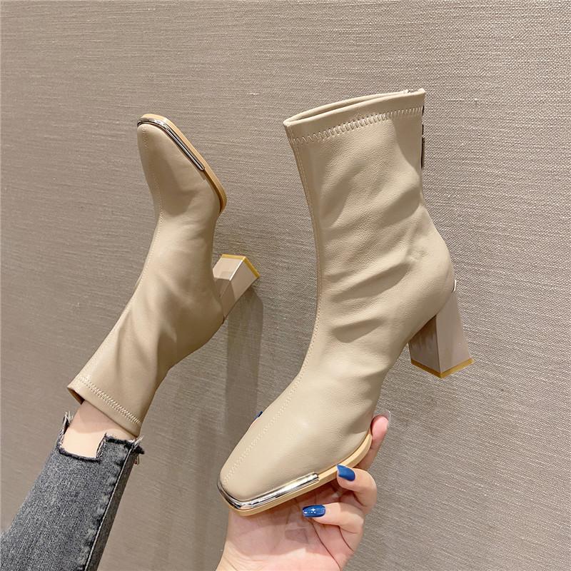 Women's metal square toe back zipper soft leather thick heel short boots