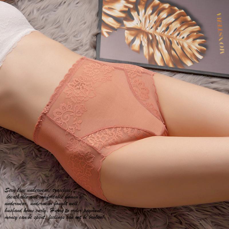 high waist seamless mesh lace trim cotton bottom crotch ladies briefs