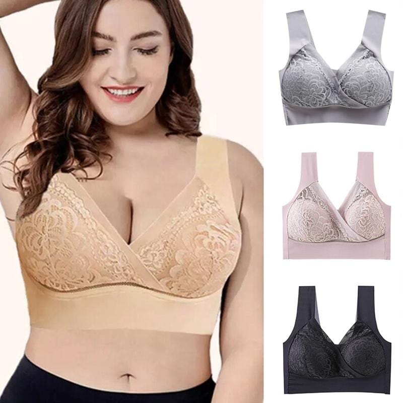 Large size non-wireless women's floral lace seamless bra