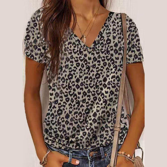 Fashion Slim Leopard Print V-neck Short Sleeve Top
