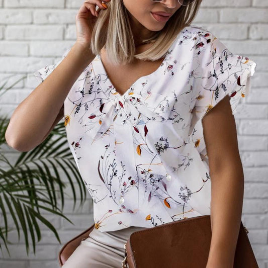 Good quality loose floral printed color matched short sleeve chiffon blouse2