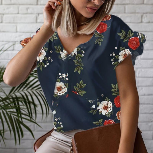 Good quality loose floral printed color matched short sleeve chiffon blouse