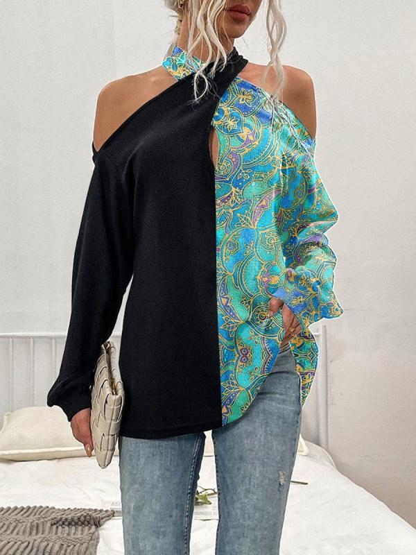 Printed color blocking strapless long-sleeved top