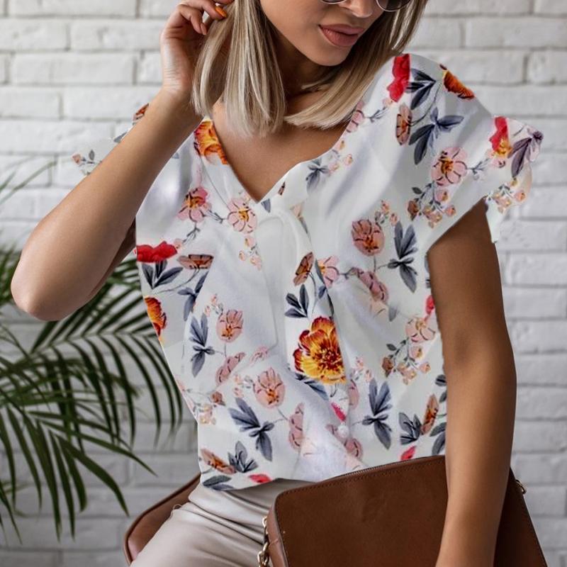 Good quality loose floral printed color matched short sleeve chiffon blouse3