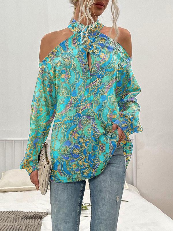 Printed color blocking strapless long-sleeved top