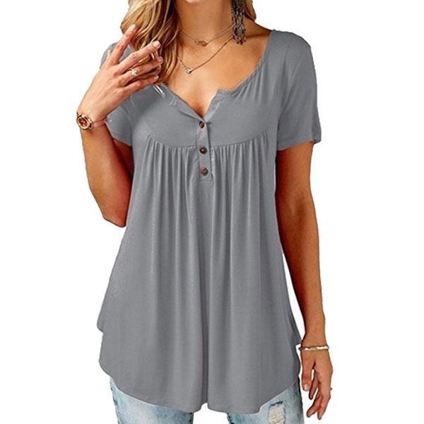 Women Plain Ruched Short Sleeve Button Casual Casual Vest Tank T-Shirt Tops