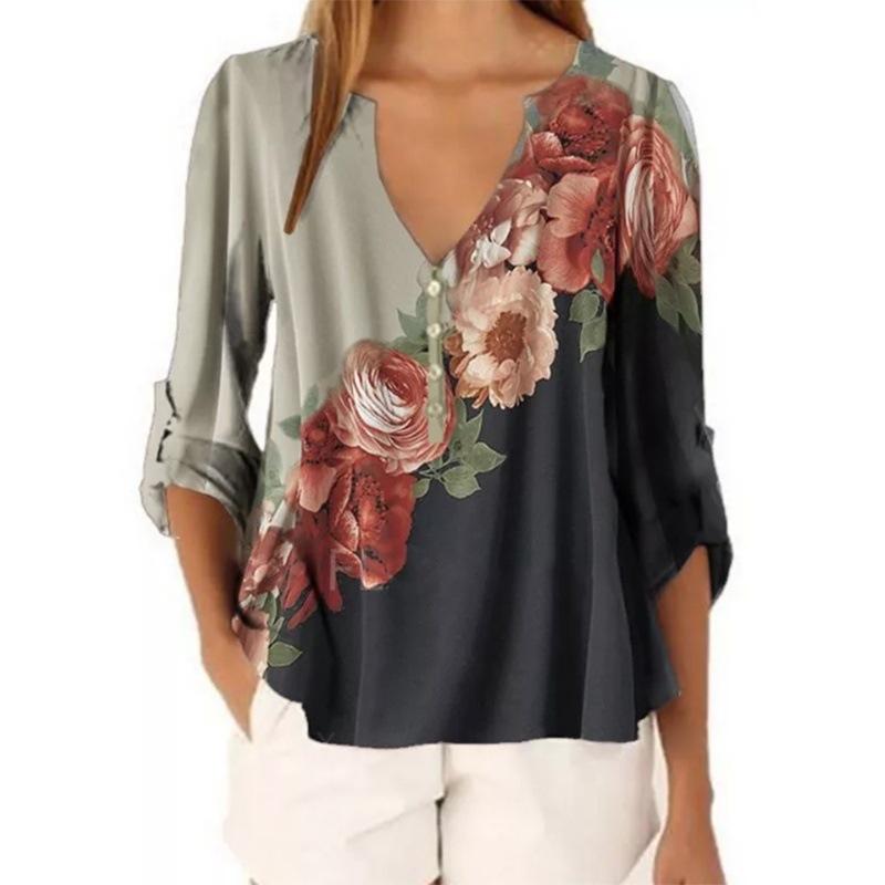 Short Sleeve Shirt Sexy V-neck Floral Print Tops Blouse