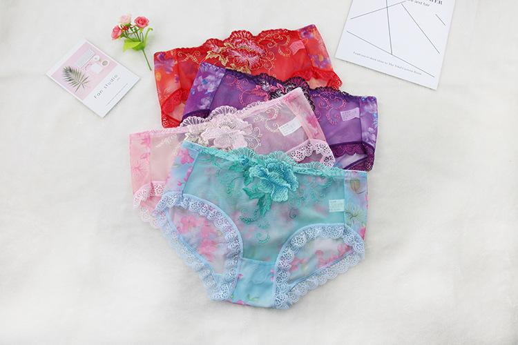 Rose-embroidered lace cotton mid-rise panties