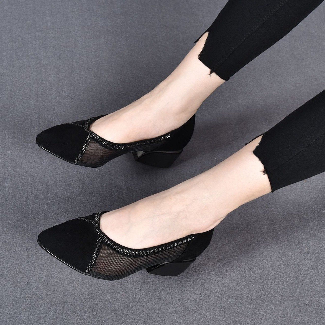 French mid-heel lace rhinestone sandals