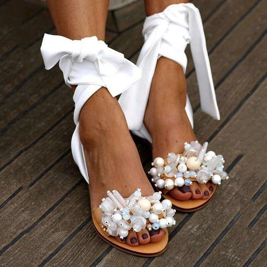 Non-slip Out Wild Flat Cute Beads Flower Sandals