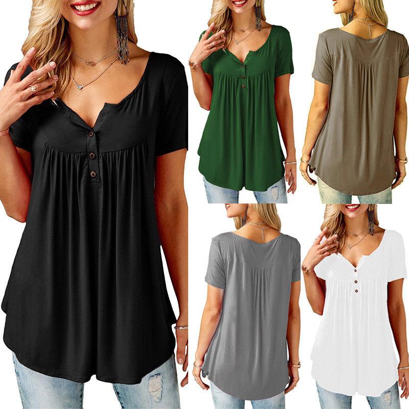 Women Plain Ruched Short Sleeve Button Casual Casual Vest Tank T-Shirt Tops