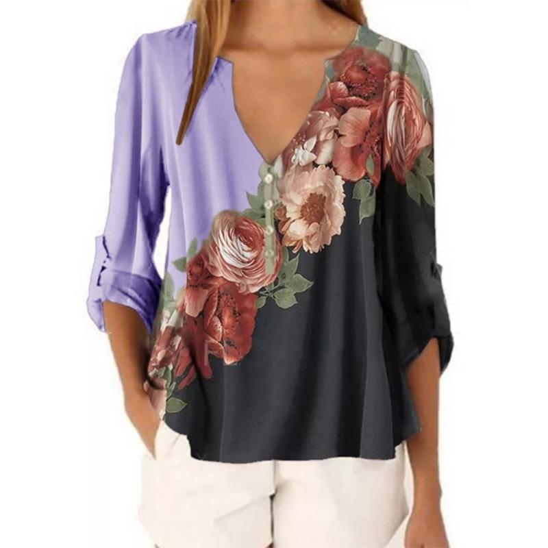 Short Sleeve Shirt Sexy V-neck Floral Print Tops Blouse