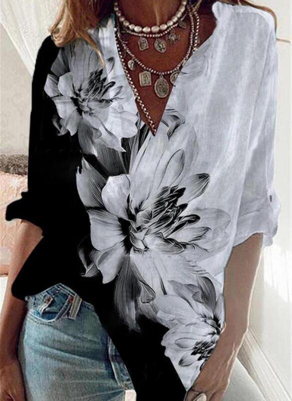 V-neck plus size ink-dyed printed shirt