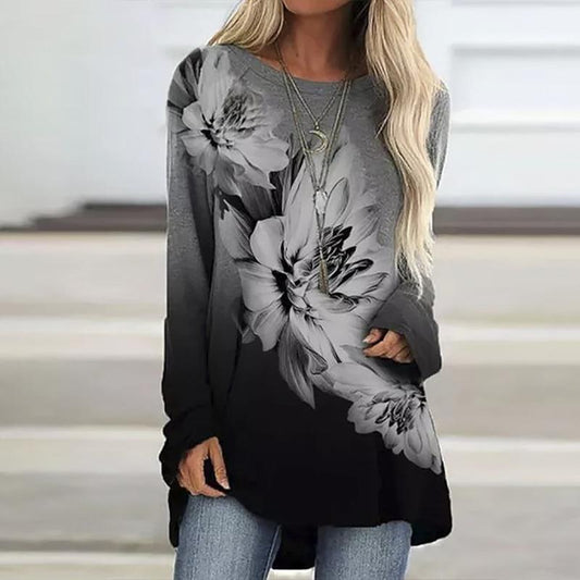 Flowers Print Casual O Neck Long Sleeve Pullover Tops