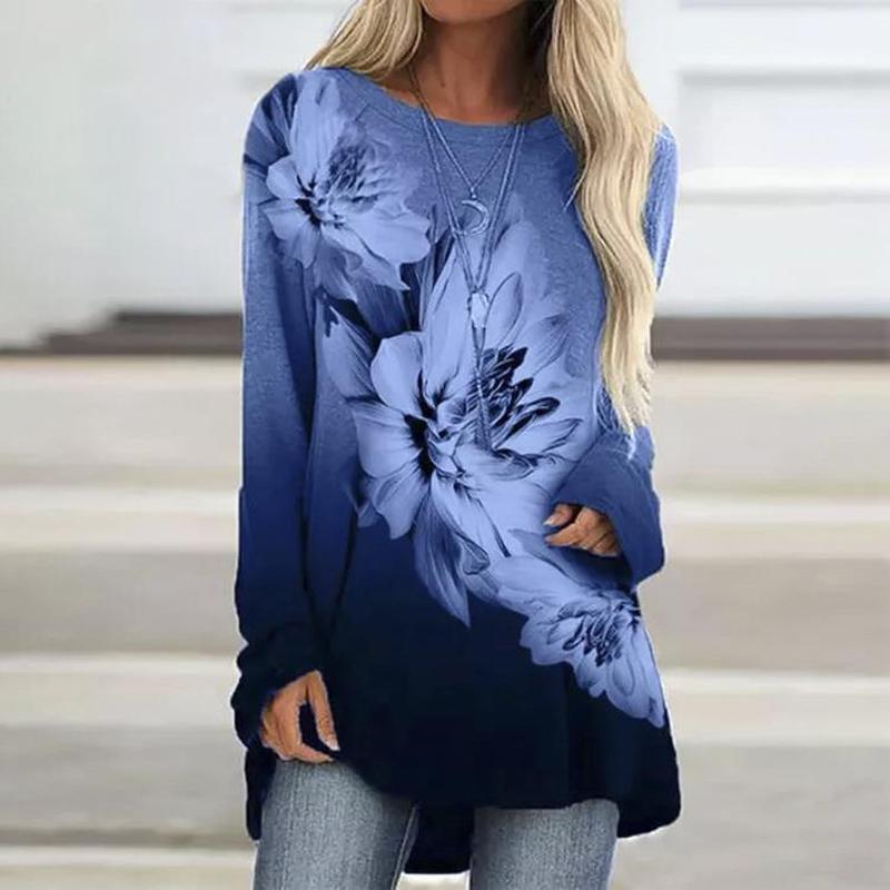 Flowers Print Casual O Neck Long Sleeve Pullover Tops