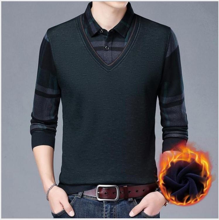 men's long-sleeved fake two-piece cashmere sweater