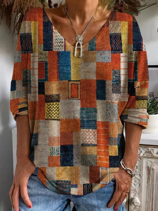 Women's Fashion V-Neck Multicolor Plaid Long Sleeve T-Shirt